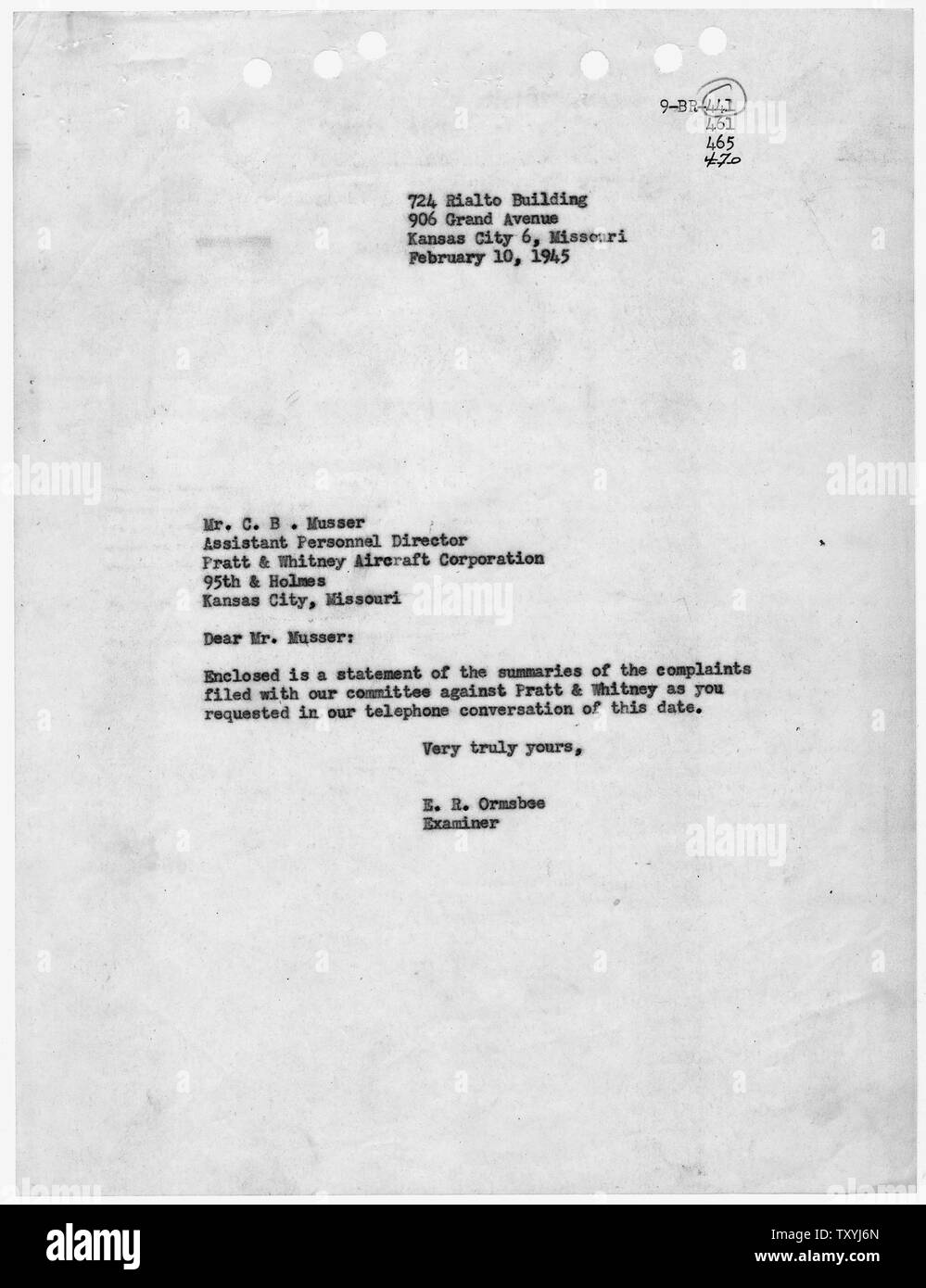 Clara Simons, et al [Caso 9-BR-441]: E.R. Ormsbee a C.B. Musser; Portata e contenuto: foglio di copertura per il riepilogo delle denunce contro Pratt and Whitney. Foto Stock