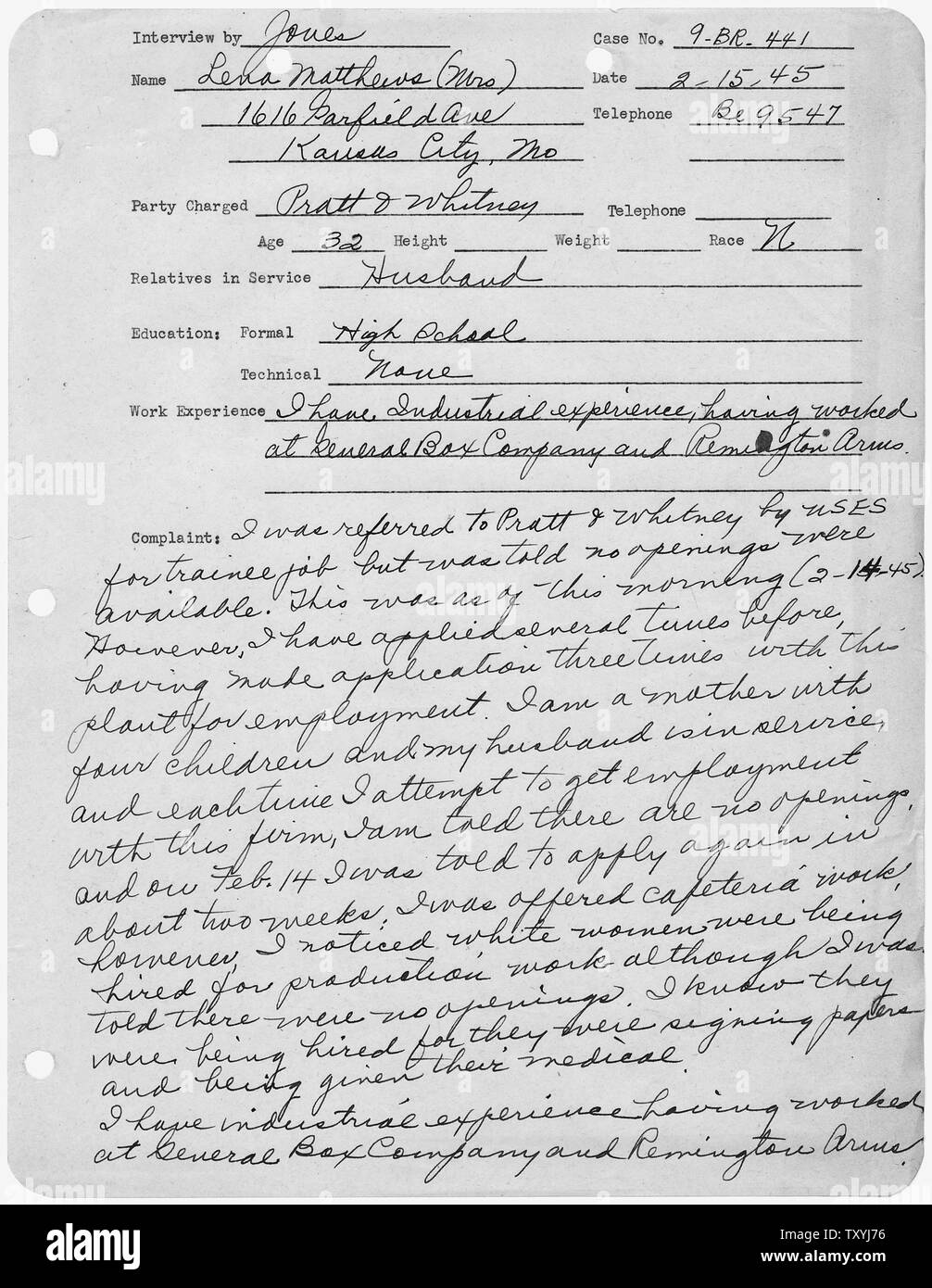 Clara Simons, et al [Caso 9-BR-441]: Denuncia Intervista di Lena Matthews, campo di applicazione e il contenuto: note da intervista del denunciante. Foto Stock