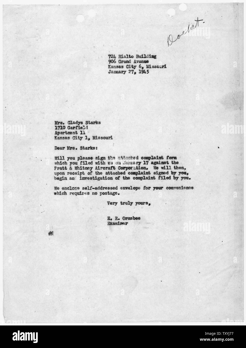 Clara Simons, et al [Caso 9-BR-441]: E.R. Ormsbee a Gladys Starks, campo di applicazione e il contenuto: Lettera di richiesta ricorrente a firmare modulo di reclamo. Foto Stock