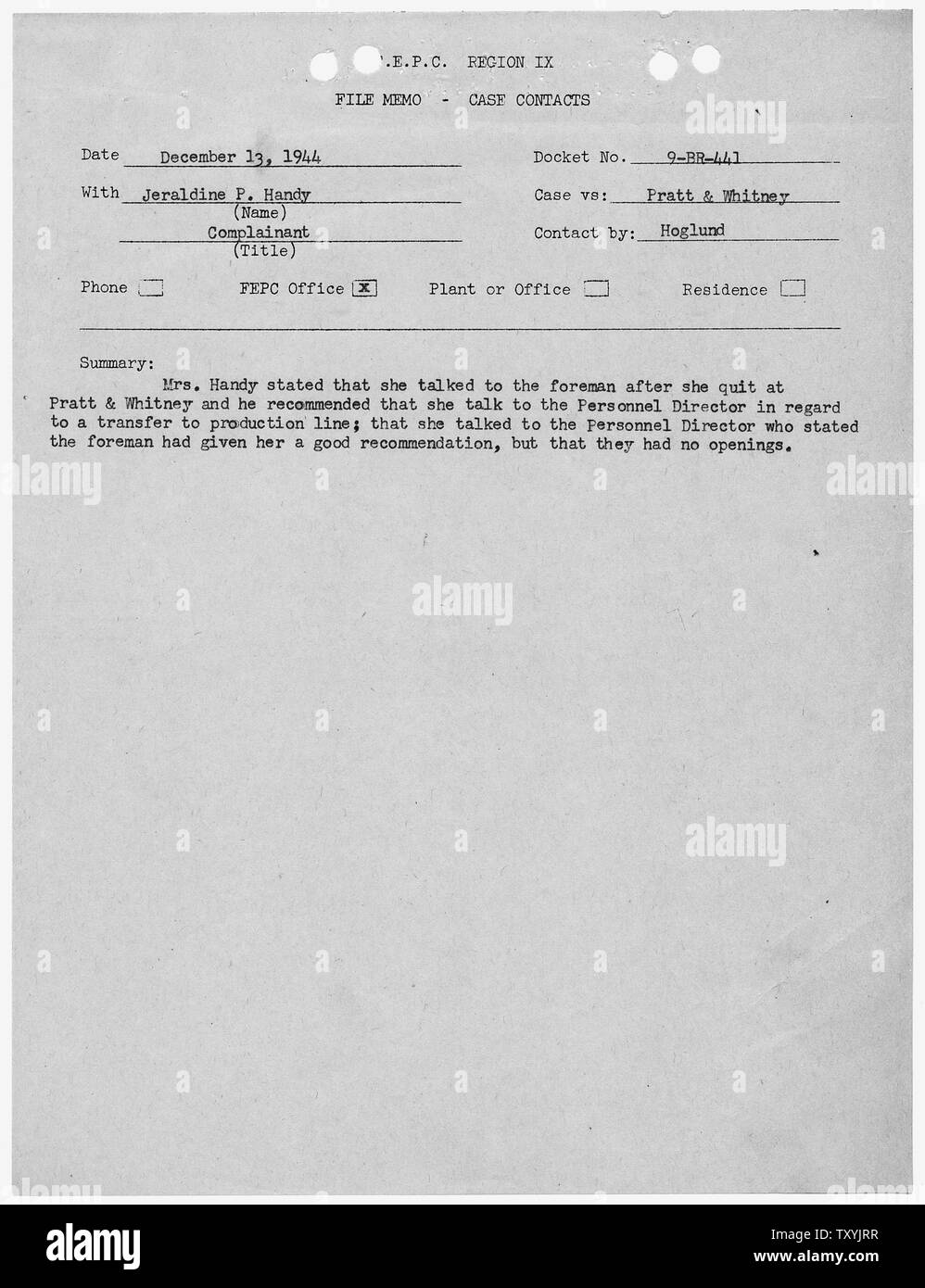 Clara Simons, et al [Caso 9-BR-441]: il file Memo - Caso contatti; Portata e contenuto: riassume i progressi del caso. Foto Stock