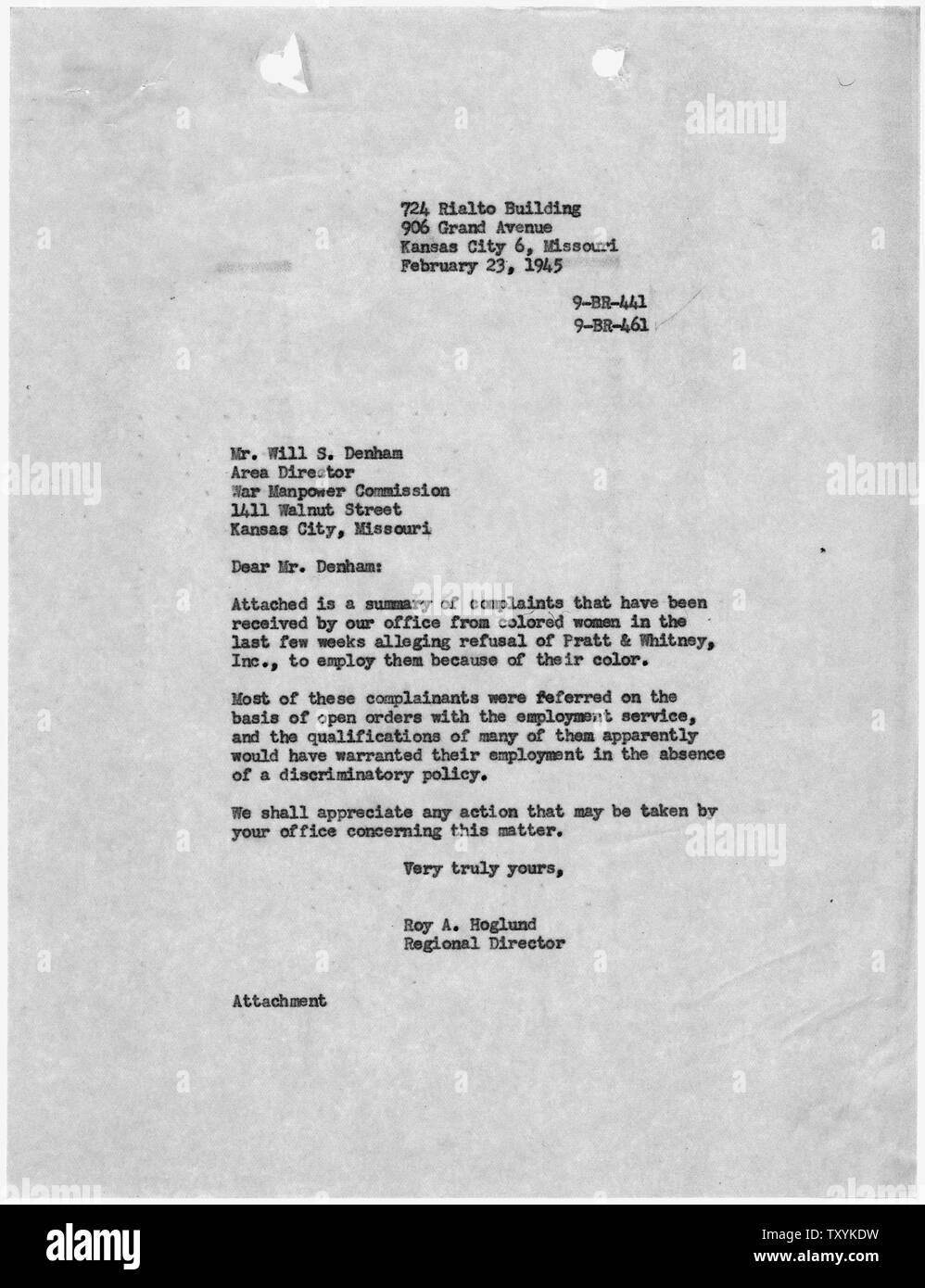 Clara Simons, et al [Caso 9-BR-441]: Roy A. Hoglund sarà S.Denham, campo di applicazione e il contenuto: Lettera di accompagnamento per il riepilogo delle denunce contro Pratt and Whitney. Foto Stock