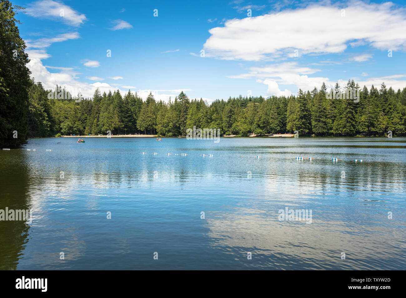 Bellissimo lago di montagna con rive boscose sotto il cielo blu su una soleggiata giornata estiva Foto Stock