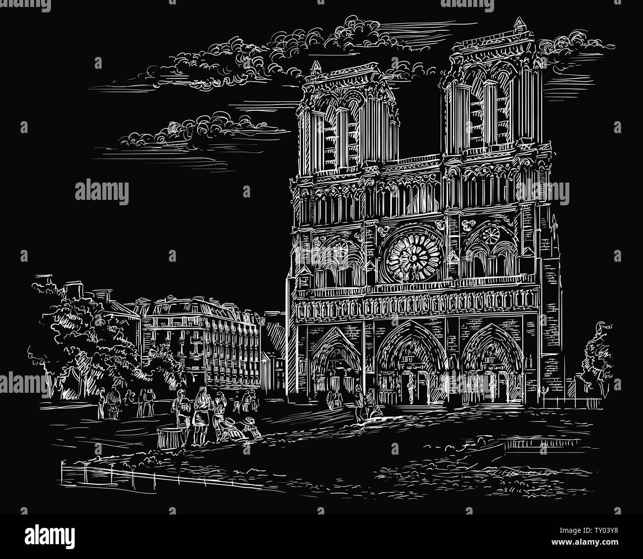 Vettore di disegno a mano illustrazione della cattedrale di Notre Dame (Parigi, Francia). Punto di riferimento di Parigi. Paesaggio con la cattedrale di Notre Dame. Vettore di disegno a mano Illustrazione Vettoriale