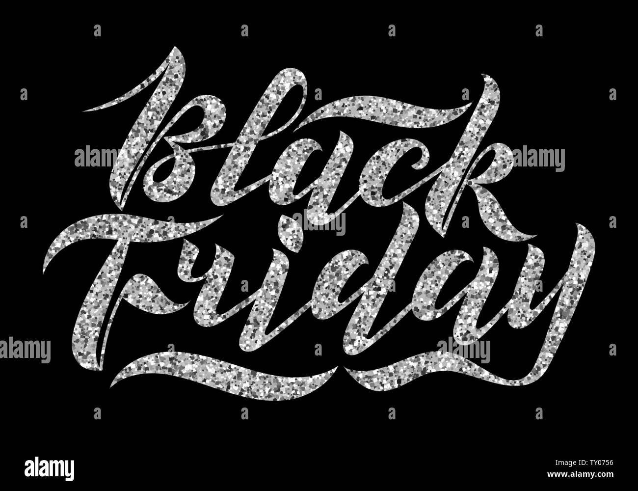 Manoscritte spazzola moderno scritte glitter con texture. Venerdì nero su sfondo nero. Cool logo per banner, flyer, etichetta, poster. Illustrazione Vettoriale