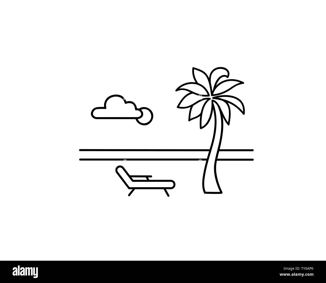 Seaside Beach view. Vacanze Estate skyline. Ocean Resort paesaggio con Palm tree, sole, mare, cielo, sdraio. Estate hoilday seaview disegna sullo sfondo Illustrazione Vettoriale