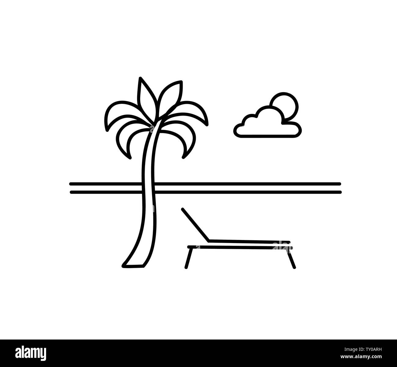 Seaside Beach view. Vacanze Estate skyline. Ocean Resort paesaggio con Palm tree, sole, mare, cielo, sdraio. Estate hoilday seaview disegna sullo sfondo Illustrazione Vettoriale