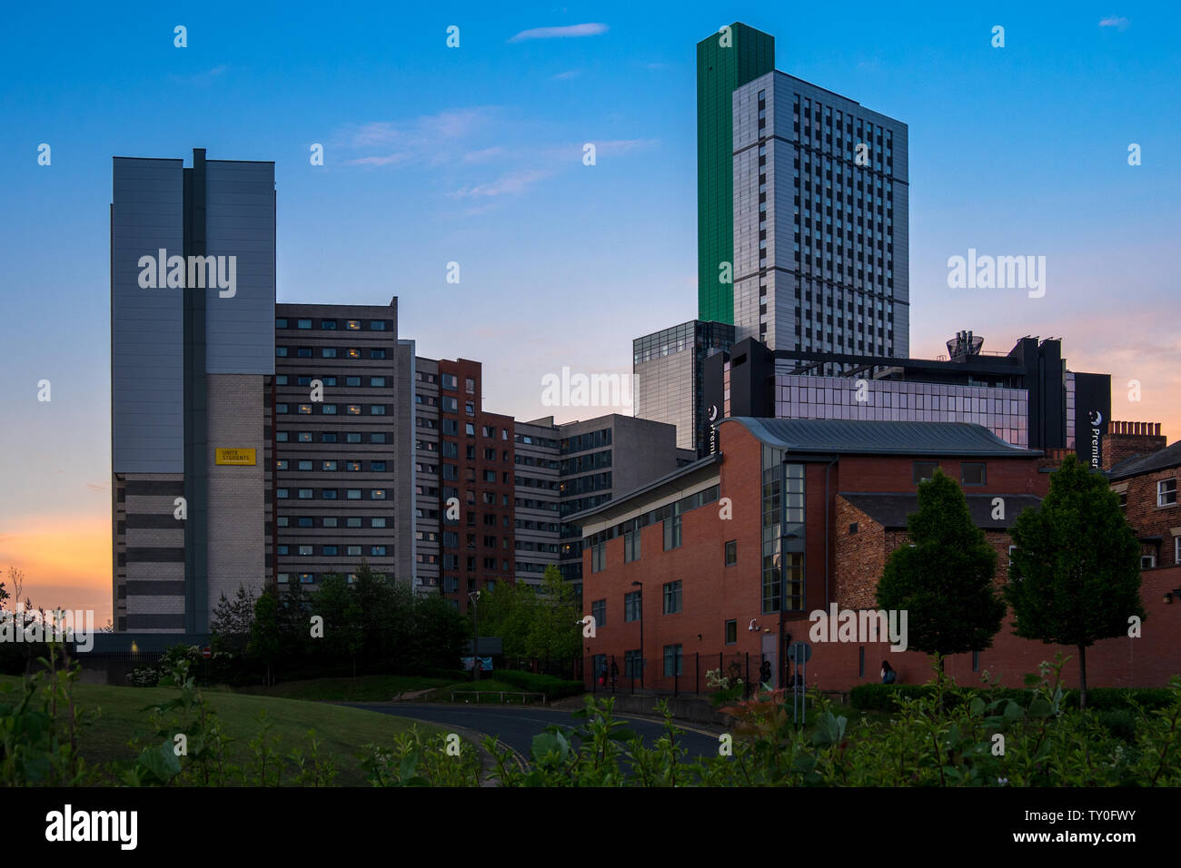 LEEDS, Regno Unito - 2 giugno 2019: Il Plaza e Sky Plaza Edificio, uno studente Alloggi a Leeds, Regno Unito Foto Stock