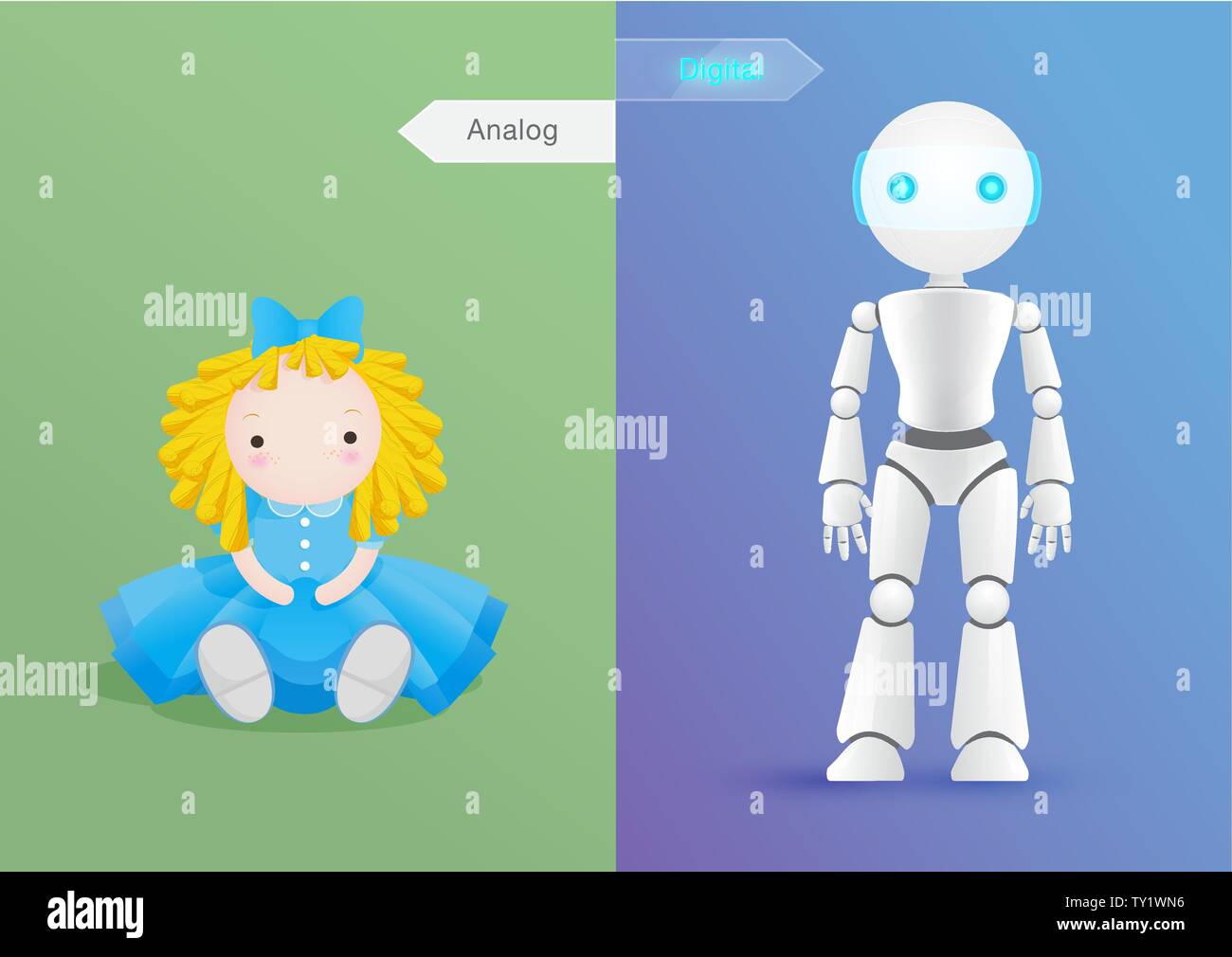 Confronto di cambiare tra la bambola in tempi passati, analogico e di età moderna bambola, robot, l'era digitale. Illustrazione Vettoriale design concept di confronto. Illustrazione Vettoriale