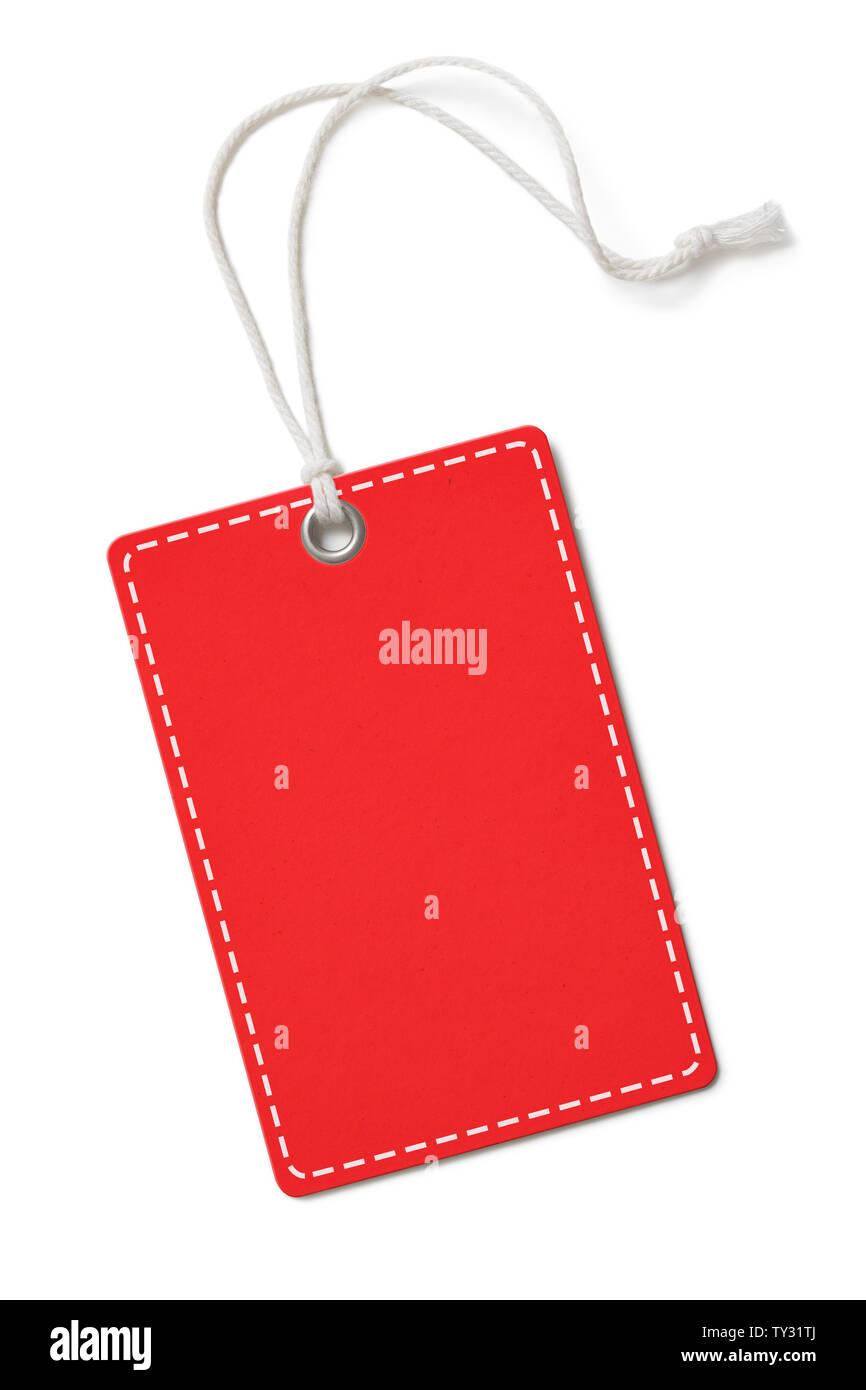 Bianco Rosso etichetta di carta o un panno tag rettangolo con angoli tondi isolato su bianco Foto Stock