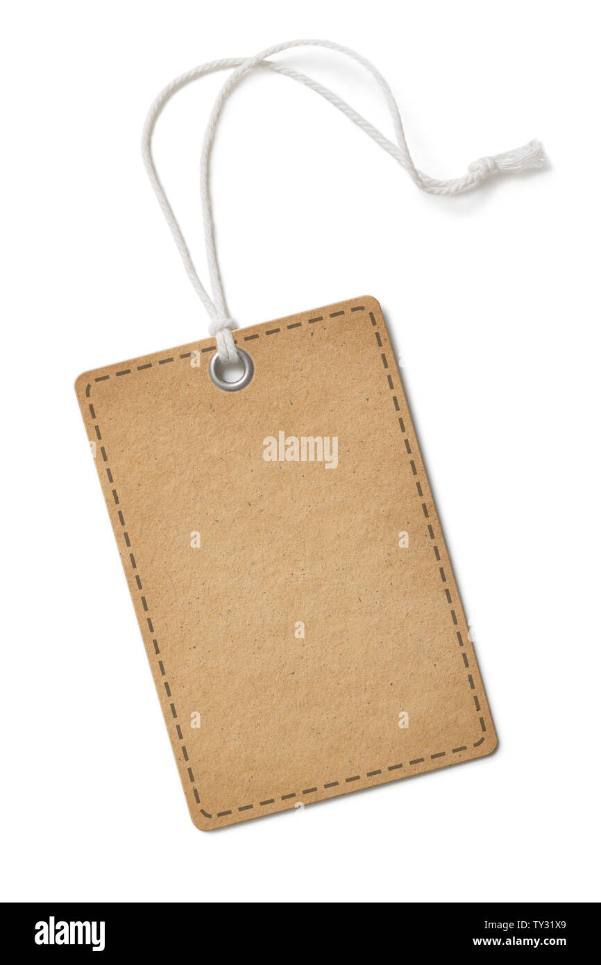 Blank vecchia etichetta di carta o un panno tag rettangolo con angoli tondi isolato su bianco Foto Stock
