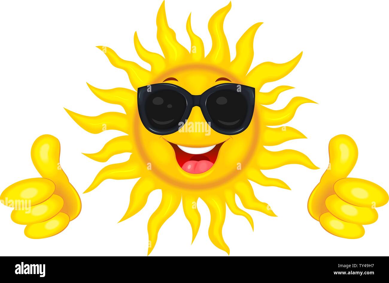Un allegro cartoon sun in occhiali di protezione dal sole. Un allegro cartoon sun su uno sfondo bianco. Sun sorridente e le mani con un dito sollevato verso l'alto. Illustrazione Vettoriale