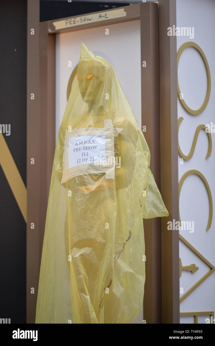 Un Oscar statua è visto trattati come continuano i preparativi per la 86Academy Awards nella sezione di Hollywood di Los Angeles il 26 febbraio 2014. L'Oscar sarà presentato domenica 2 marzo. UPI/Kevin Dietsch Foto Stock