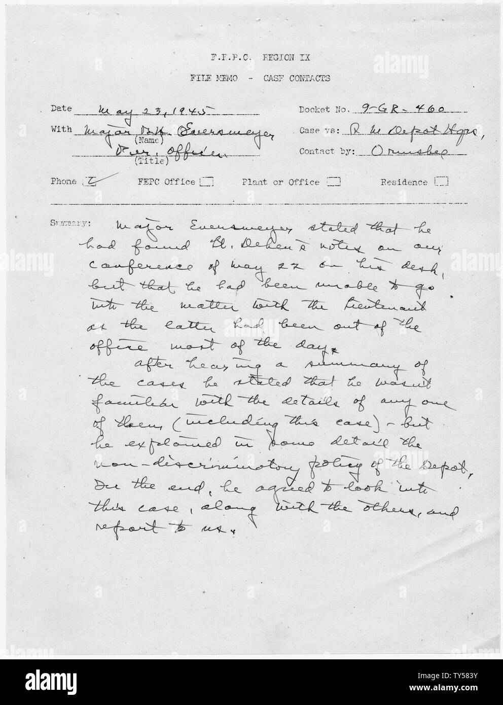 Goldie scottature [Caso 9-GR-460]: il file Memo - Caso contatti; Portata e contenuto: riassume continui progressi. Foto Stock