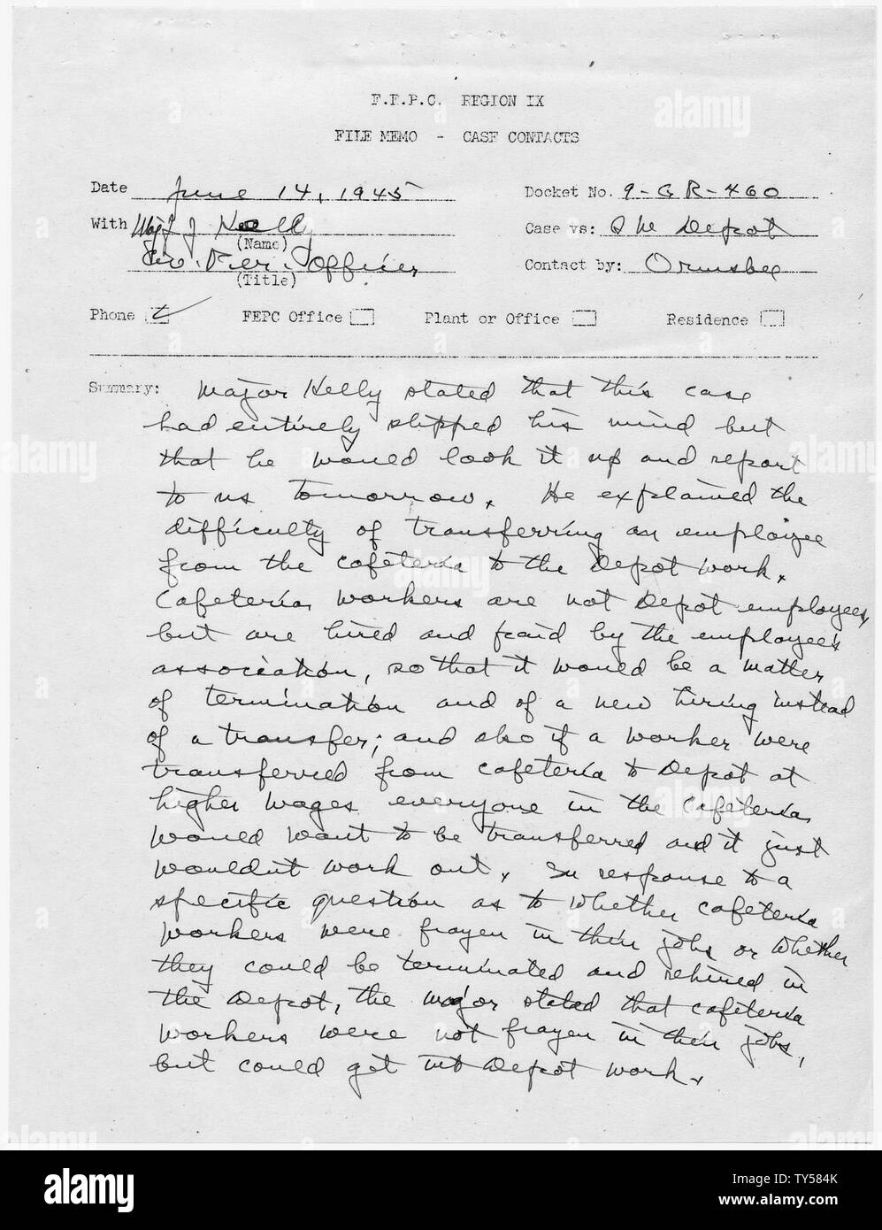 Goldie scottature [Caso 9-GR-460]: il file Memo - Caso contatti; Portata e contenuto: riassume i progressi del caso. Foto Stock