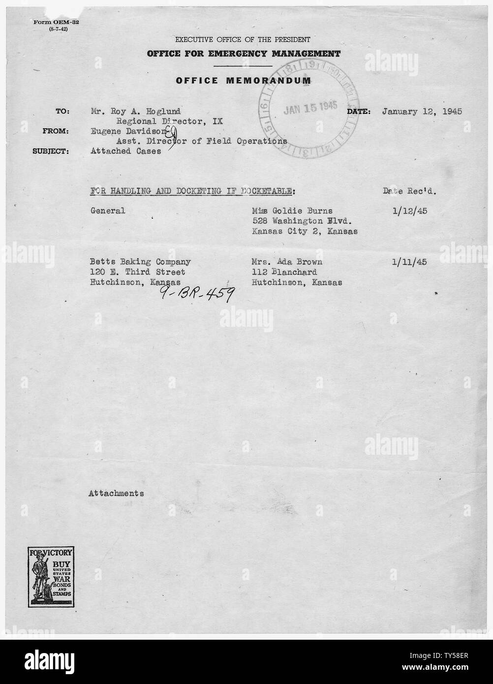 Goldie scottature [Caso 9-GR-460]: Memorandum da Eugene Davidson a Roy A. Hoglund; Portata e contenuto: Memo di devoluzione. Foto Stock