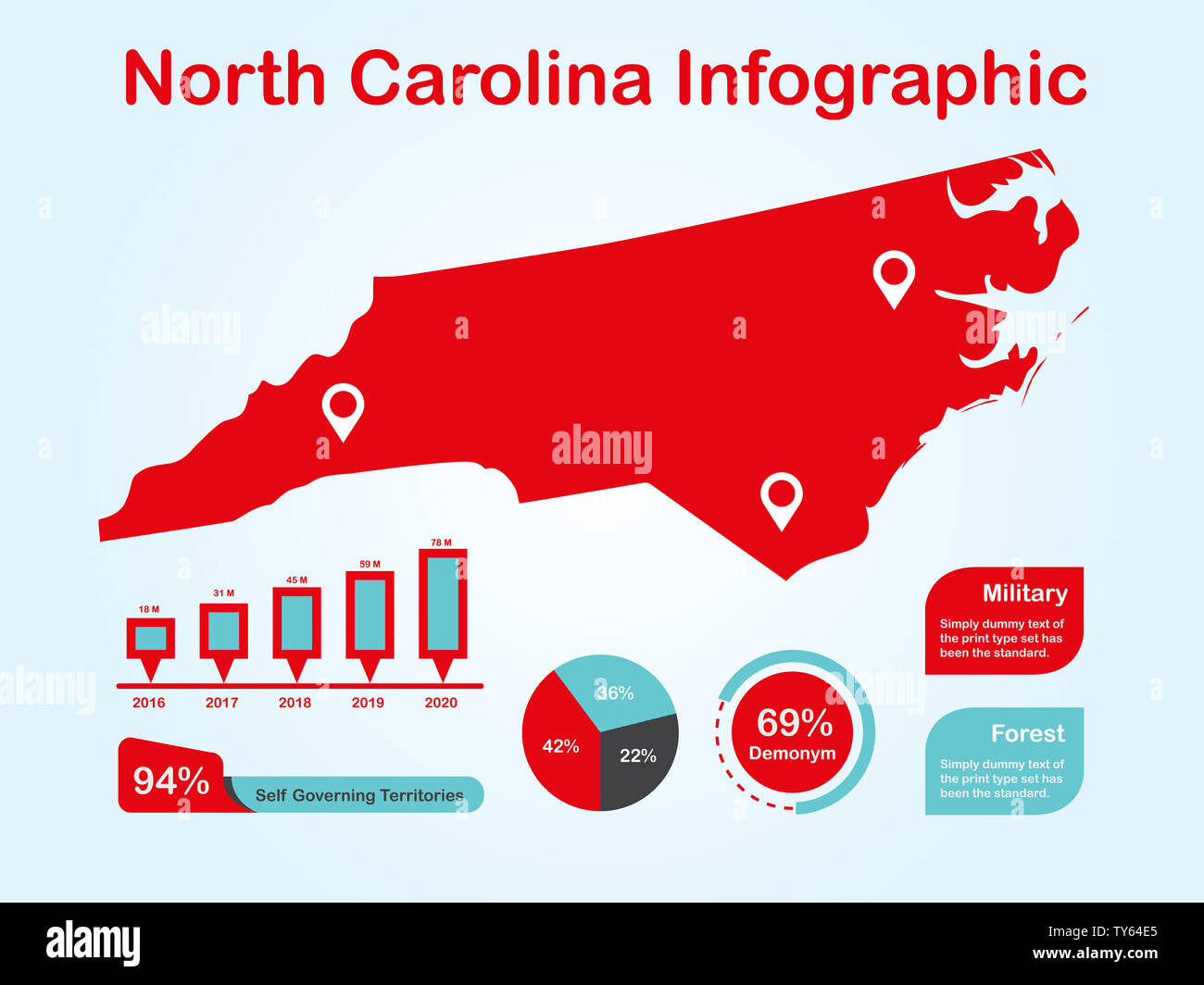 North Carolina (USA) Mappa con set di elementi infografico in colore rosso alla luce dello sfondo. Informazioni moderno elemento di grafica per il tuo design. Foto Stock