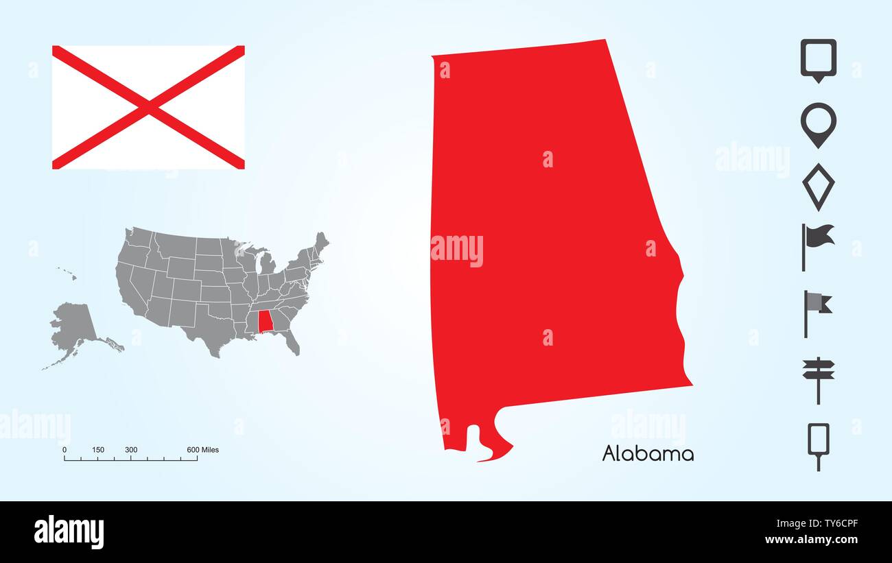 Mappa degli Stati Uniti d'America con lo stato selezionato di Alabama e Alabama bandiera con il localizzatore collezione. Illustrazione Vettoriale