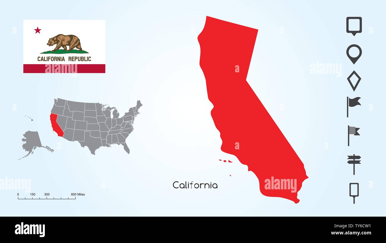 Mappa degli Stati Uniti d'America con lo stato selezionato della California e la California bandiera con il localizzatore collezione. Illustrazione Vettoriale