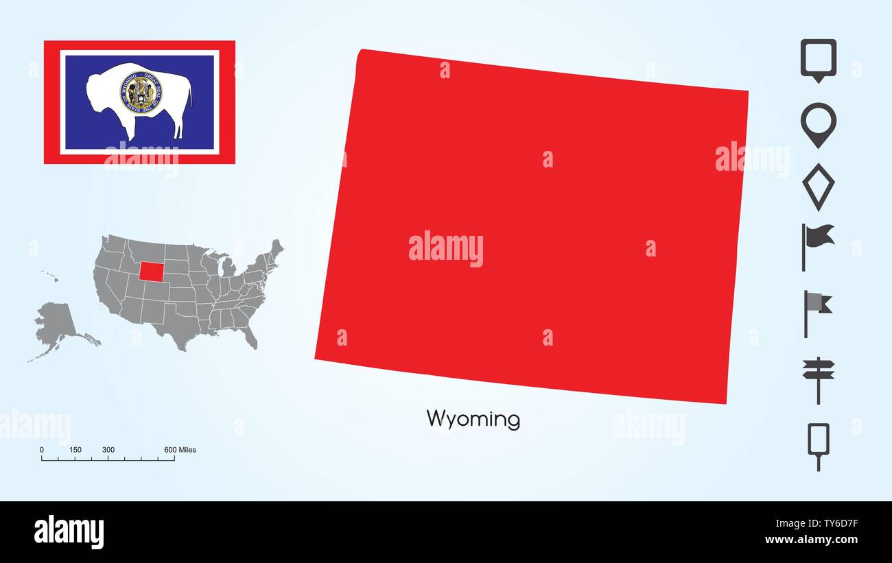 Mappa degli Stati Uniti d'America con lo stato selezionato del Wyoming e Wyoming bandiera con il localizzatore collezione. Illustrazione Vettoriale