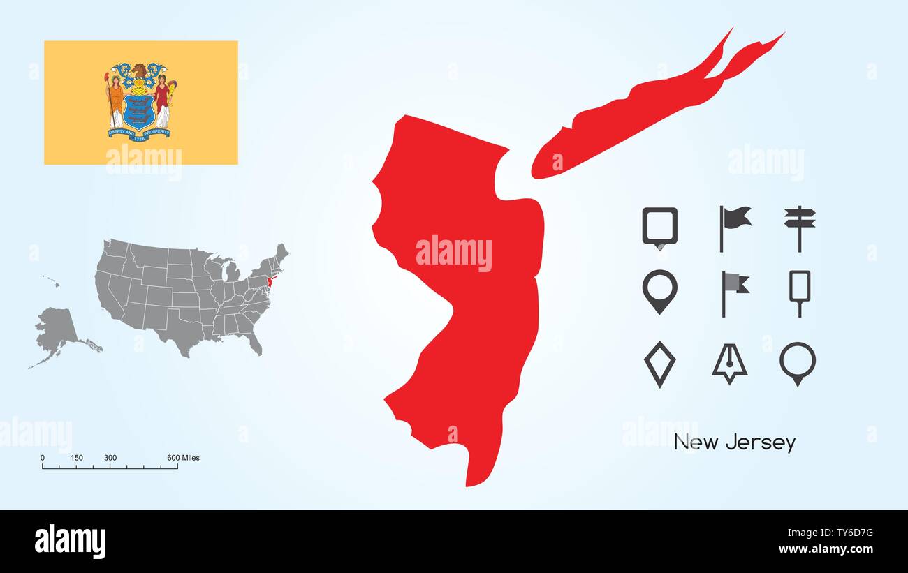 Mappa degli Stati Uniti d'America con lo stato selezionato del New Jersey e New Jersey bandiera con il localizzatore collezione. Illustrazione Vettoriale