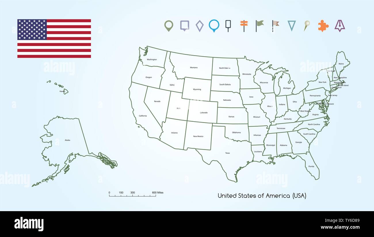 Illustrazione vettoriale di un elevato dettaglio mappa degli Stati Uniti d'America delineare per ciascuno dei paesi con bandiera degli Stati Uniti e la raccolta del localizzatore. Illustrazione Vettoriale