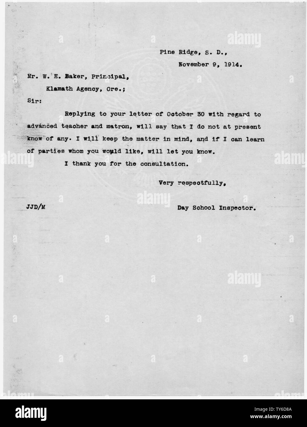 J.J. Duncan a Principal W.E. Baker, agenzia di Klamath, Oregon. Foto Stock