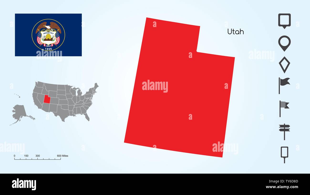 Mappa degli Stati Uniti d'America con lo stato selezionato dello Utah Utah e bandiera con il localizzatore collezione. Illustrazione Vettoriale