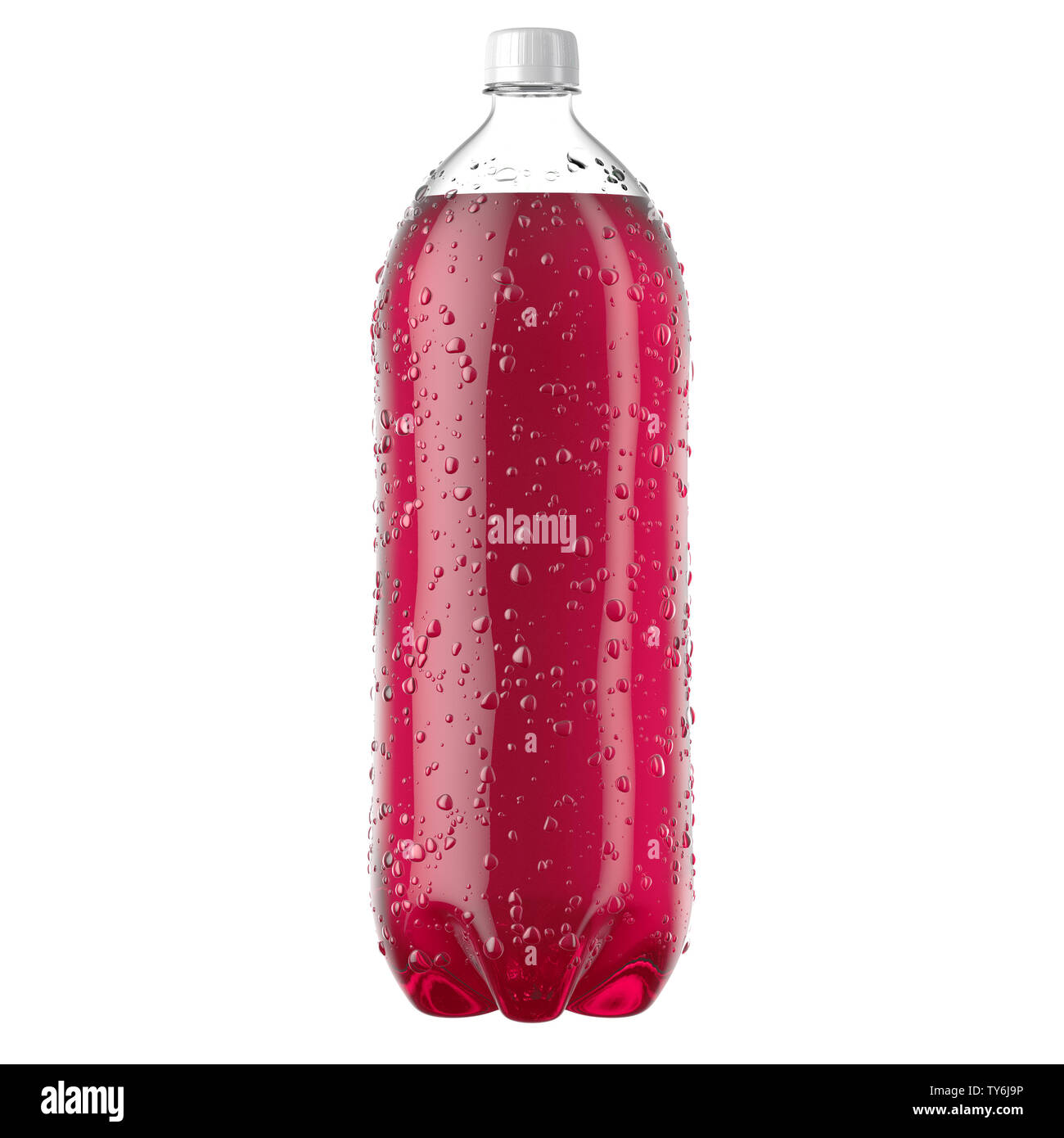 Una plastica da due litri di soda rosa bottiglia con le gocce di condensa su un isolato bianco di sfondo per studio - 3D render Foto Stock