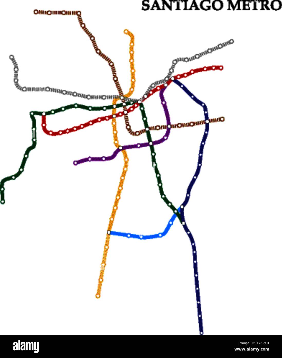 Mappa della metropolitana di Santiago, la metropolitana, il modello della città di schema di trasporto per strada della metropolitana. Illustrazione Vettoriale