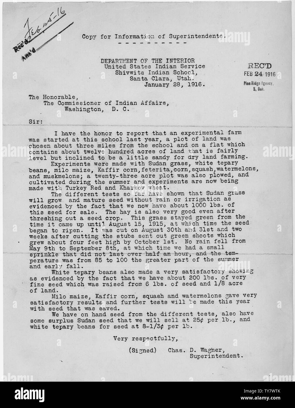 Lettera al commissario degli affari indiani da Charles D. Wagner sovrintendente.; Portata e contenuto: in materia di colture di successo. Foto Stock