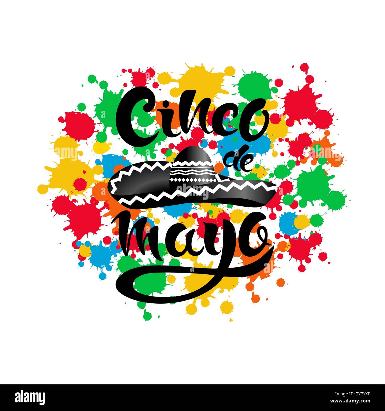 Happy Cinco de Mayo poster con sombrero, blot colorato e lettering Cinco de Mayo! Creative illustrazione vettoriale su sfondo nero. Illustrazione Vettoriale