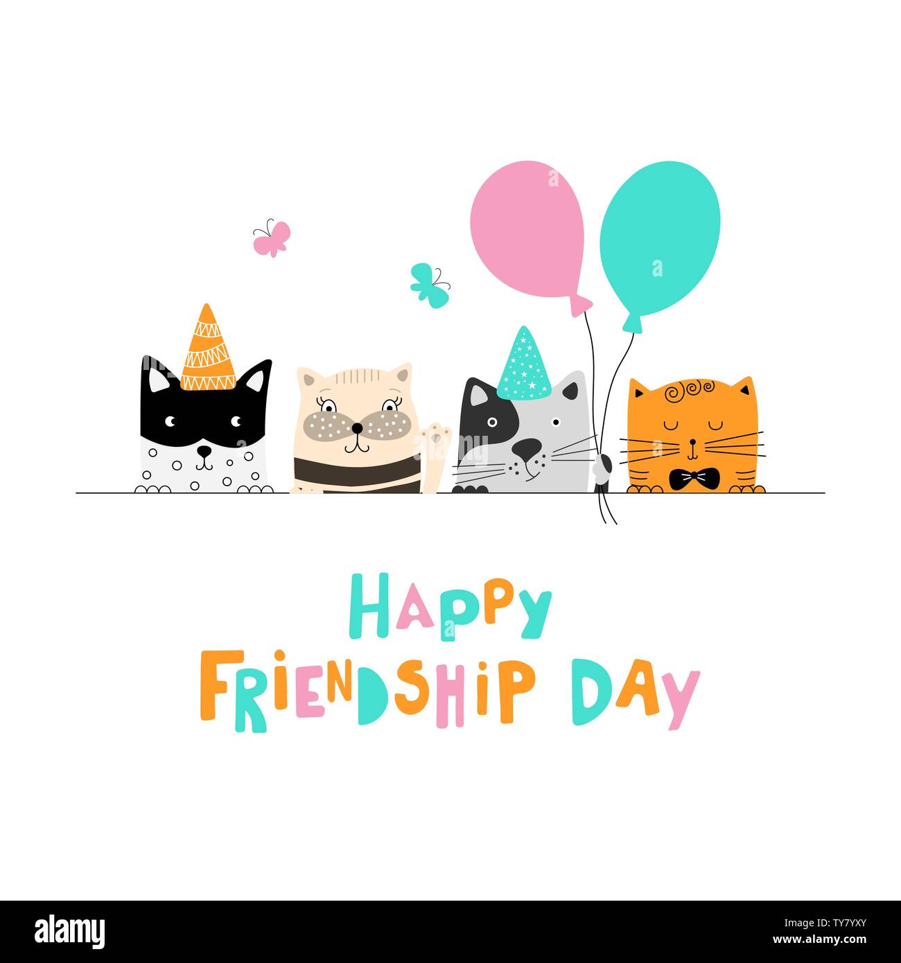 Felice amicizia giorno. Carino gatti migliori amici. Doodle stile. Illustrazione Vettoriale. Illustrazione Vettoriale