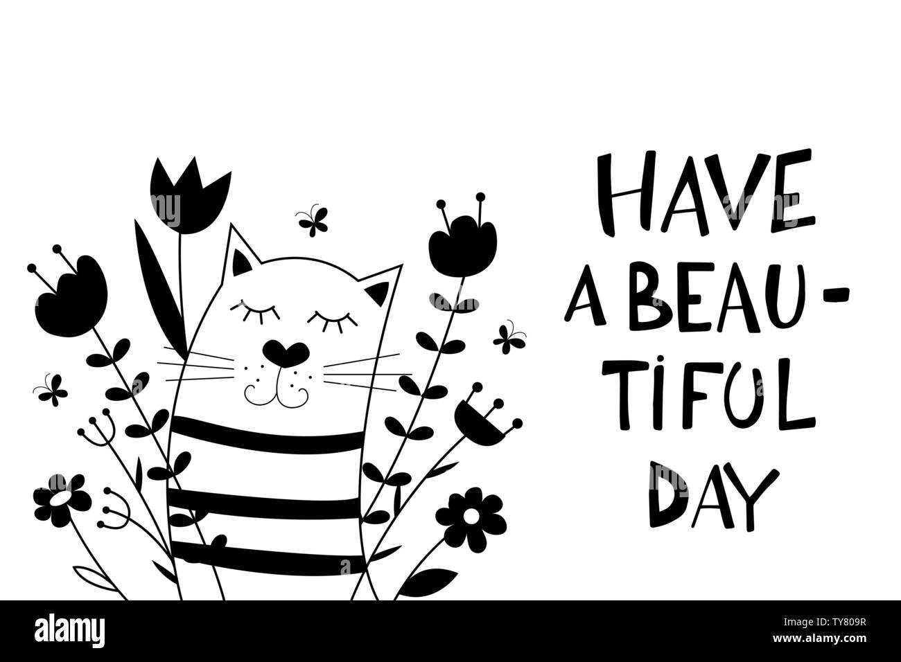 Biglietto di auguri con una cute cat e farfalle volare al di sopra dell'erba e fiori; natura sfondo con caratteri hanno una bella giornata! Illustrazione. Illustrazione Vettoriale