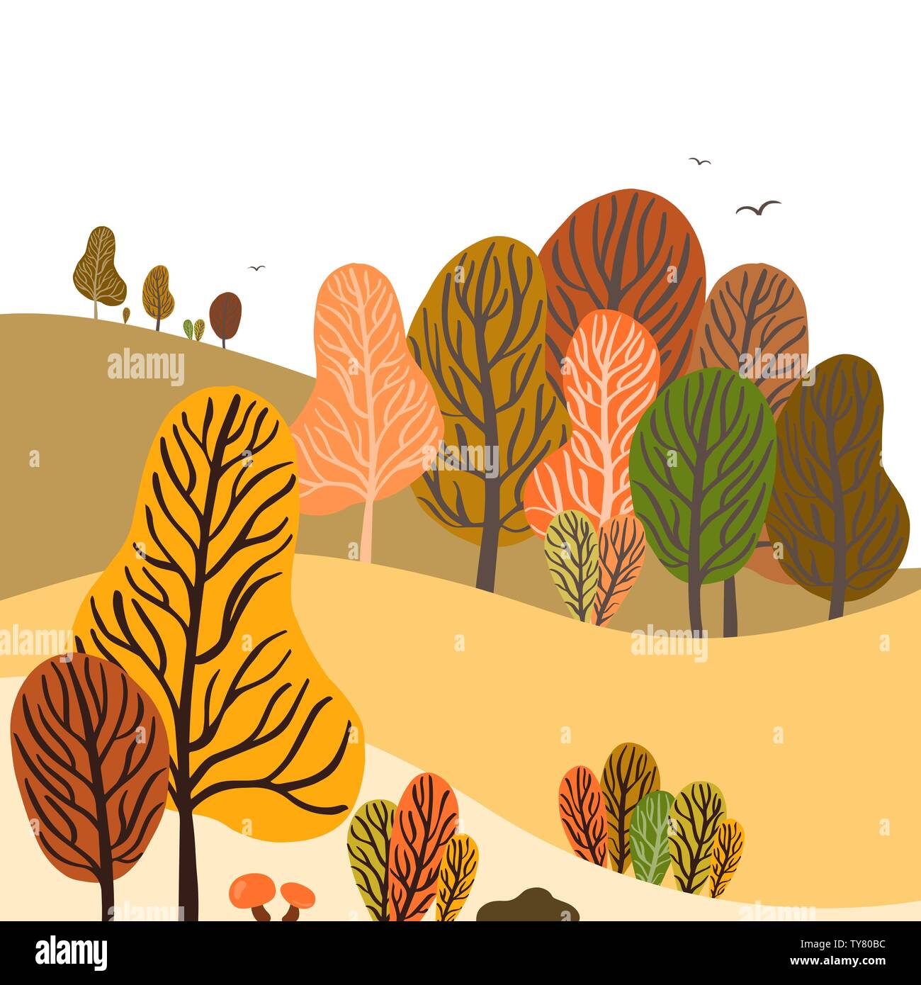 Colorato paesaggio autunnale con alberi stilizzati, foglie e funghi. L'autunno. In stile appartamento. Illustrazione Vettoriale