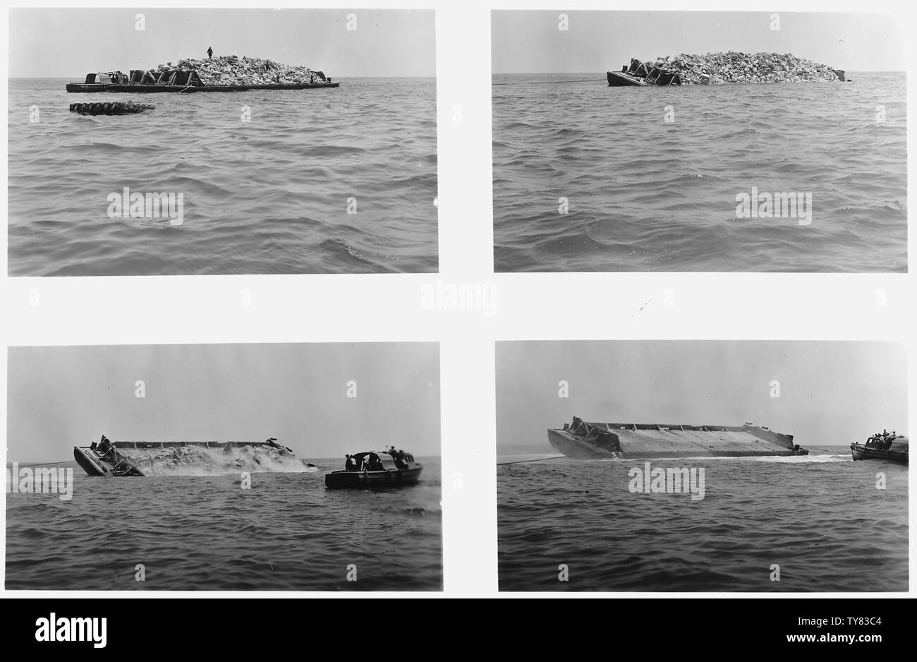 Long Beach - Los Angeles Harbor Breakwater - CONTRATTO W-509-Eng.-103 - Rohl-Connolly Co. - Vol. VII n. 29 - Queste quattro scene mostrano il dumping di una chiatta caricato con mille tonnellate di roccia B per la sezione inferiore del frangiflutti. La roccia è cavato sull isola Catalina. La Chiatta è auto affidando una volta che si è scaricato. Preso 20 Maggio 1937 Foto Stock