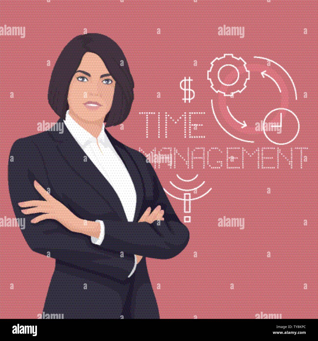 Elegante Business donna. Persona adulta. Gestione del tempo icone. Background aziendale. Illustrazione Vettoriale. Illustrazione Vettoriale