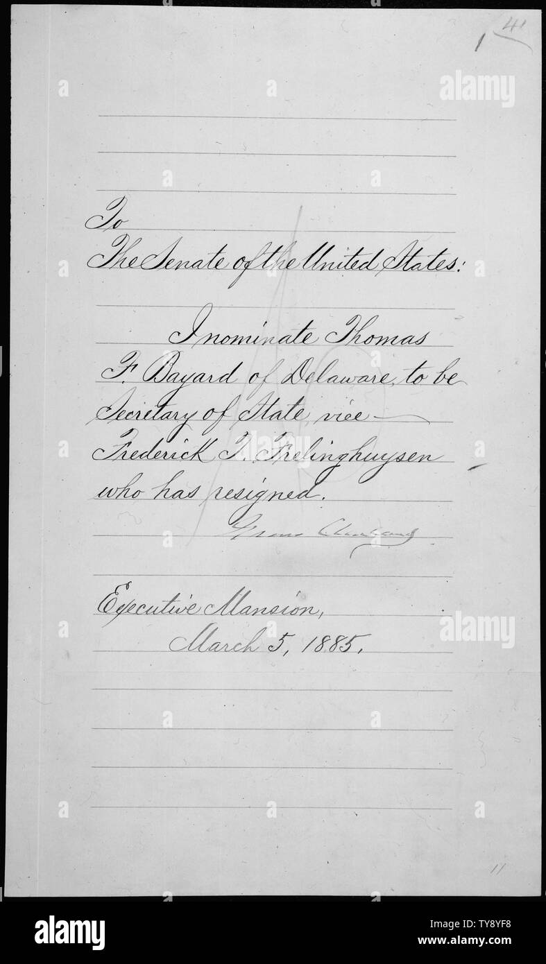 Messaggio del presidente Grover Cleveland nominating Thomas F. Bayard a essere il Segretario di Stato, 03/04/1885 Foto Stock