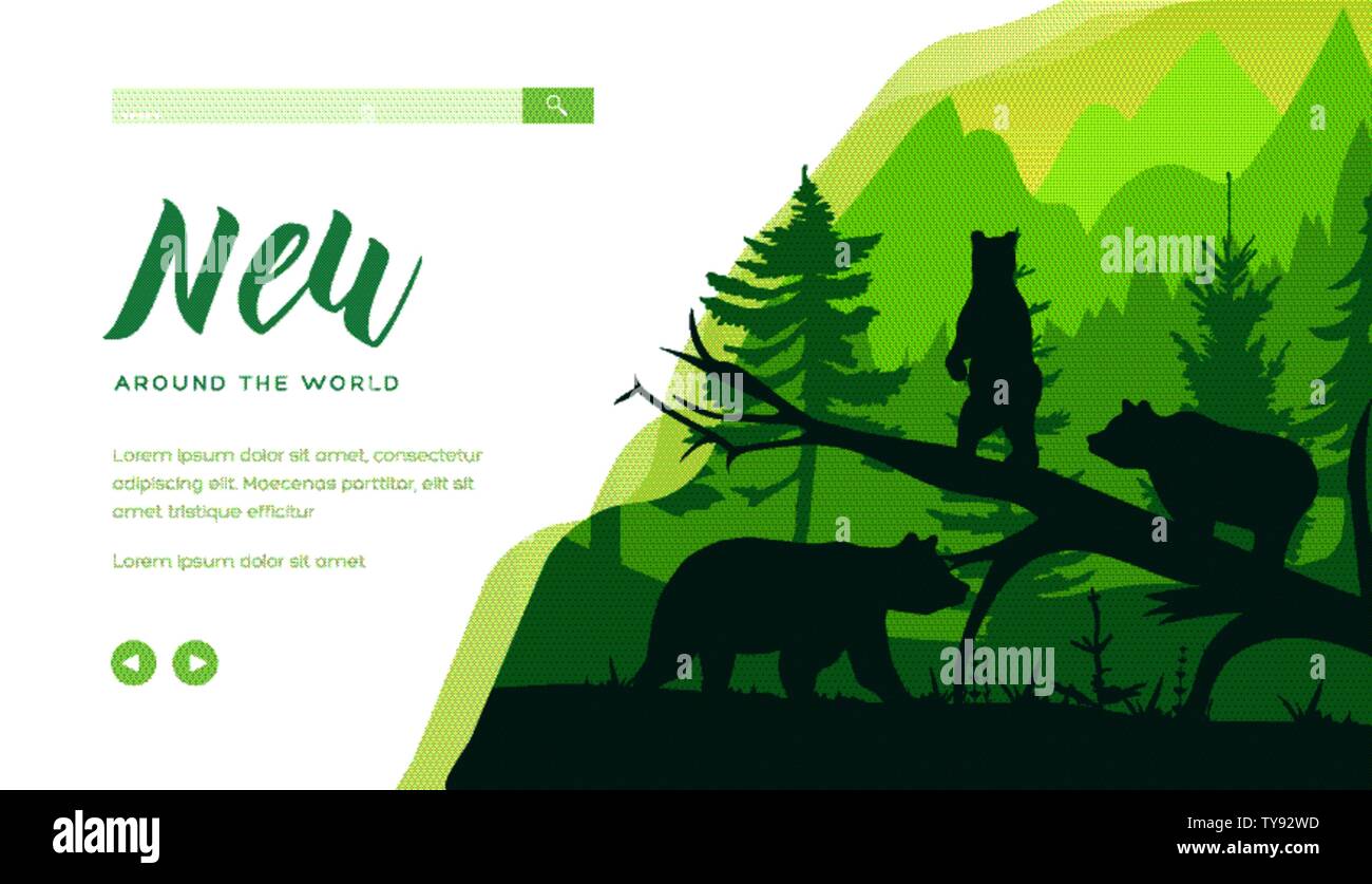 Forest wildlife landing page modello. Porta banner web design layout. Grizzly sagome in legno in stile minimalista illustrazione. Selvatica Animali carnivore website homepage. L'esplorazione della natura Illustrazione Vettoriale