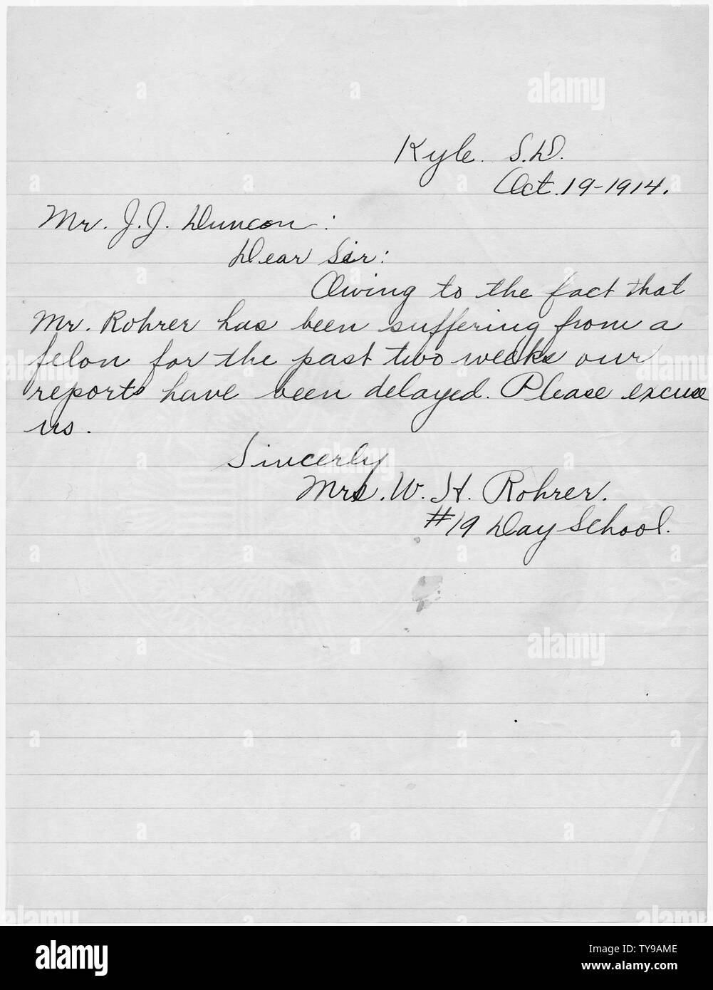 La sig.ra W.H. Rohrer, giorno scuola numero 19, Kyle, South Dakota, J.J. Duncan. Foto Stock