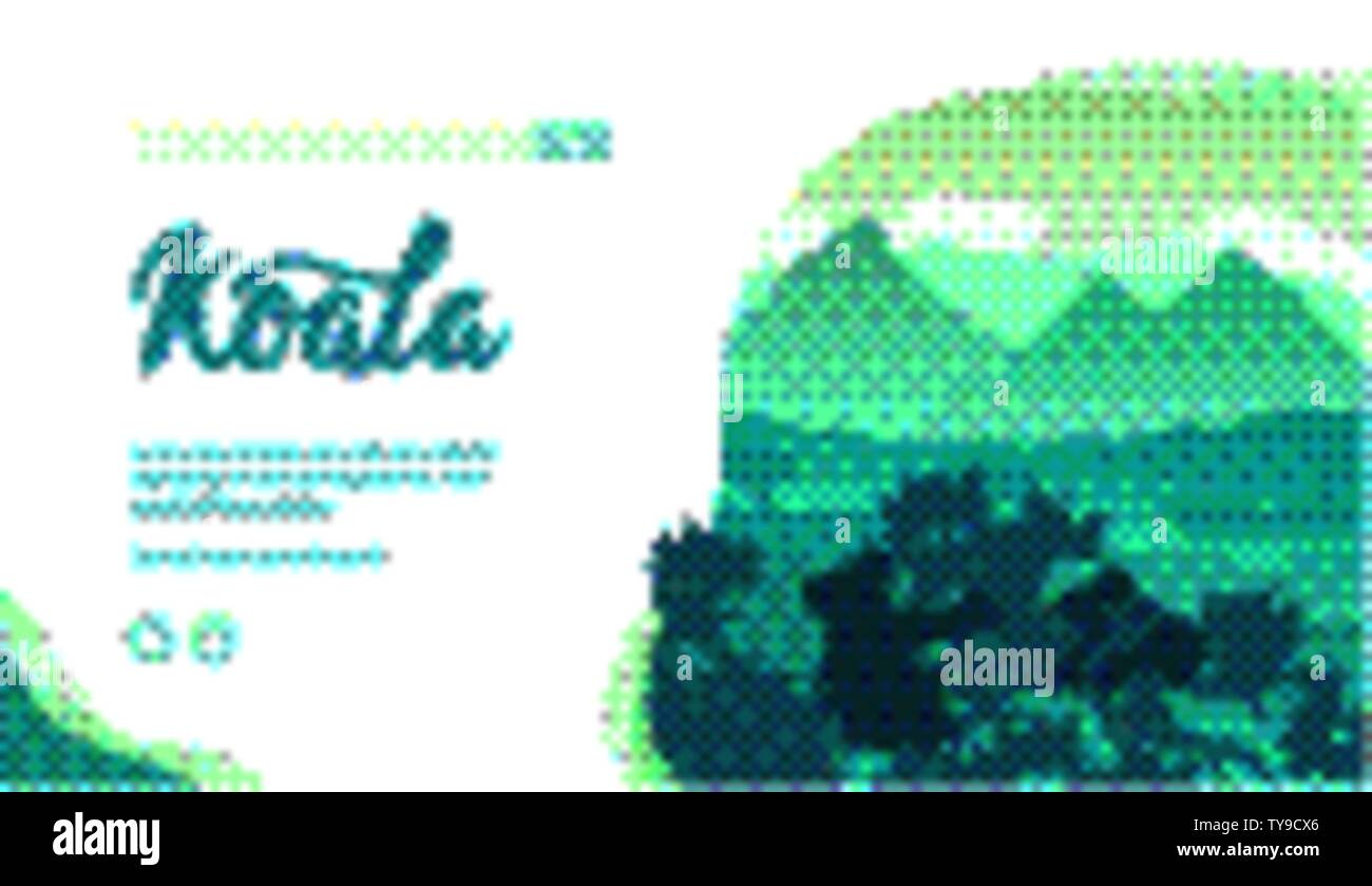 Silhouette di koala seduto sul ramo e mangiare le foglie di eucalipto. Verde paesaggio australiano con animali, alberi, montagne. Il design del vettore per la zoologia, ecologia, progetto turistico. Posto per il testo. Illustrazione Vettoriale