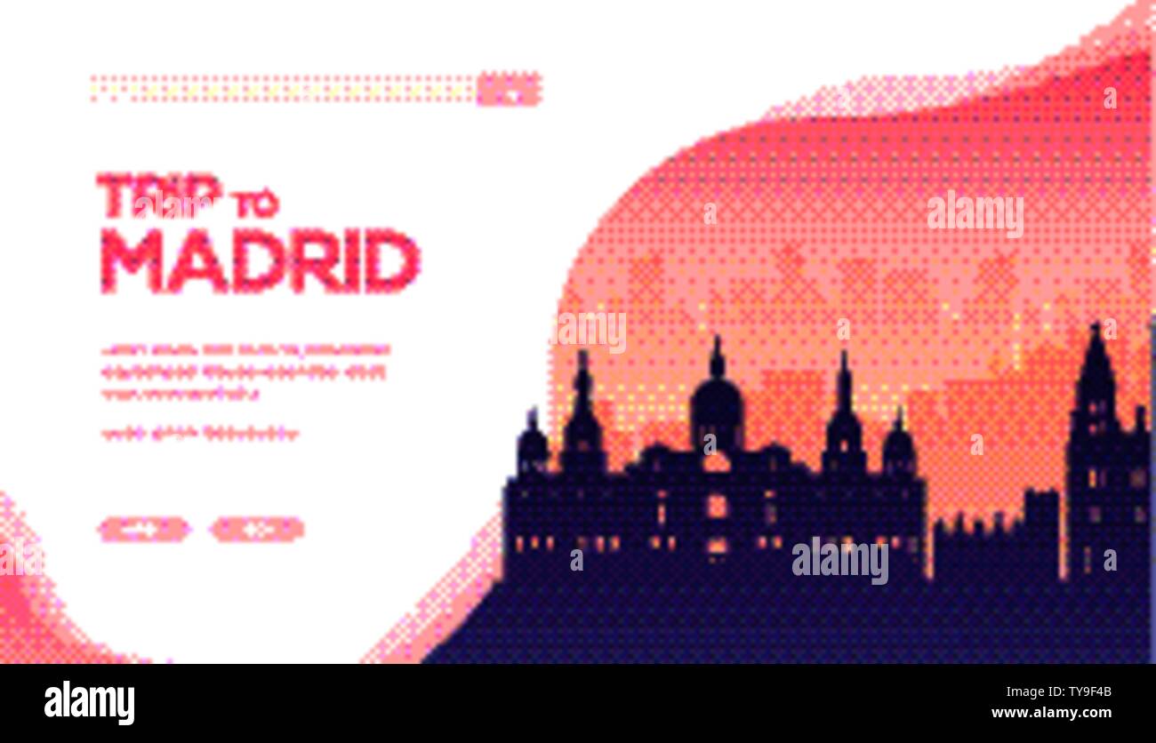 Silhouette di famosi punti di riferimento di spagnolo e le attrazioni turistiche. Il Palazzo Reale di Madrid banner. Vector landing page, modello per viaggiare in Spagna, progetti turistici. Posto per testo, copiare lo spazio. Illustrazione Vettoriale