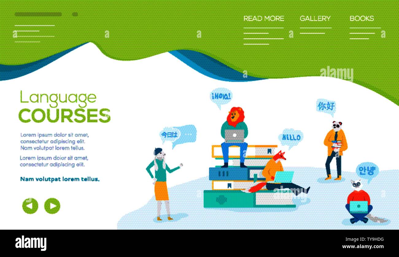 Lepre, lion, gatto, fox, panda dire ciao in lingue straniere. Sfondo di istruzione con i libri, i notebook, gli studenti, gli insegnanti. Concetto di corsi di lingue, webinar. Vector design piatto. Posto per il testo. Illustrazione Vettoriale