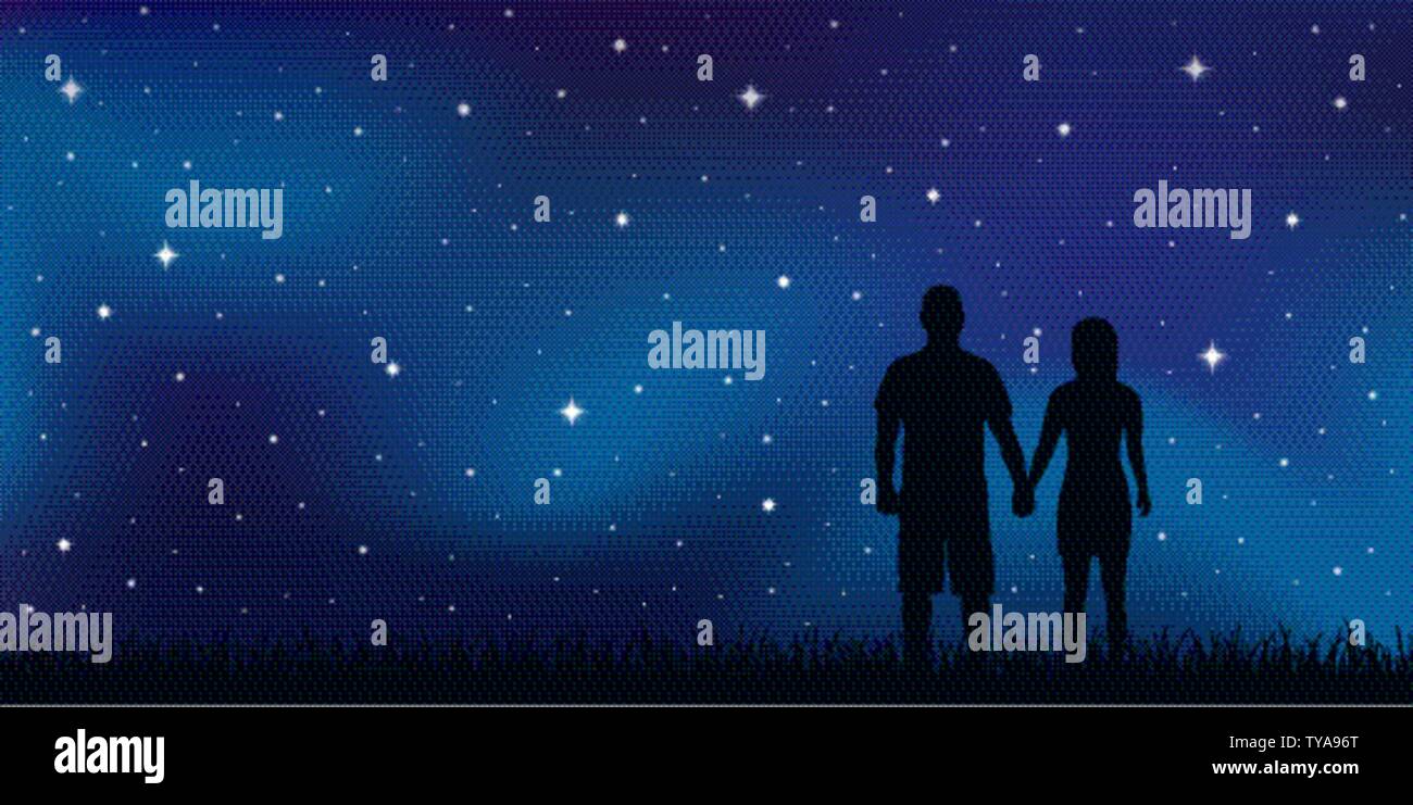 Coppia giovane in amore Guarda in cielo stellato illustrazione vettoriale EPS10 Illustrazione Vettoriale