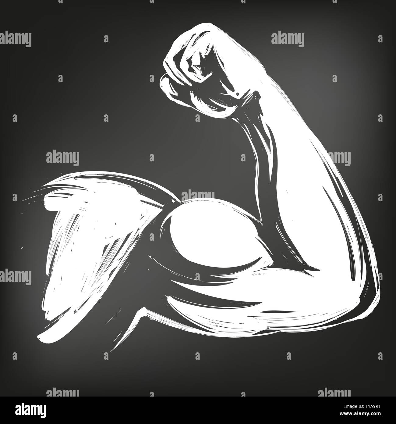 Braccio, bicipite, forte mano icona simbolo del fumetto disegnato a mano illustrazione vettoriale sketch, disegnati in gesso su una lavagna nera Illustrazione Vettoriale