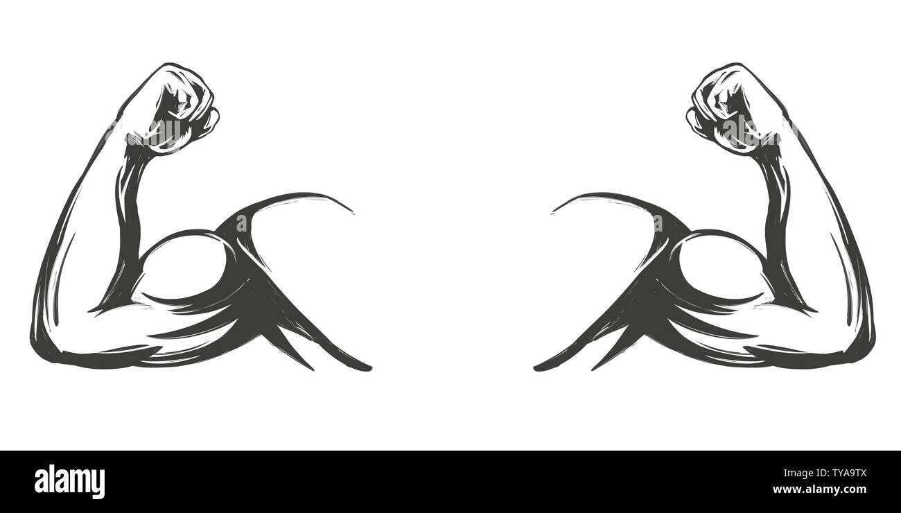 Braccio, bicipite, forte mano icona simbolo del fumetto disegnato a mano illustrazione vettoriale schizzo Illustrazione Vettoriale