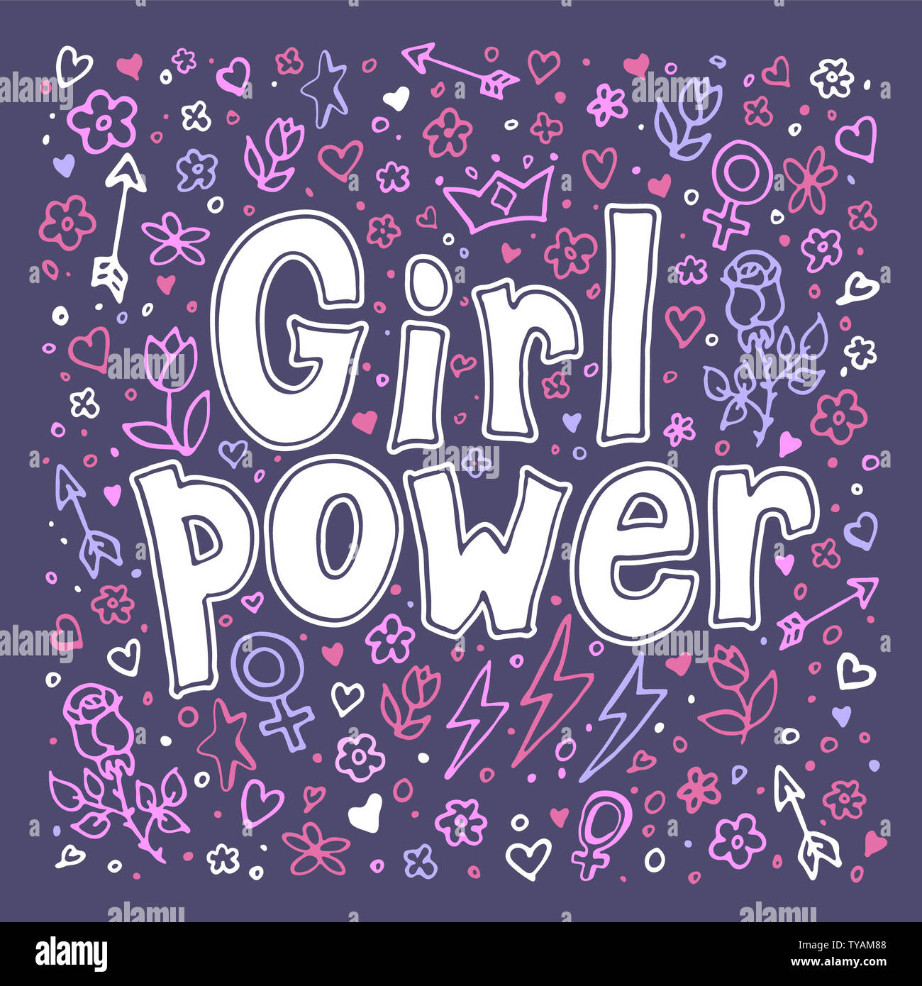 Girly slogan femminista con disegnati a mano scritte Girl power. Femmina simbolo motivazione in cartoon lo stile comico. Per la stampa di poster, t-shirt, cartolina o ap Foto Stock