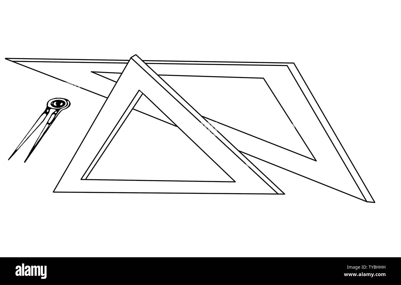 La geometria e la scienza concetto illustrazione con i righelli triangolare e una bussola su sfondo bianco Foto Stock