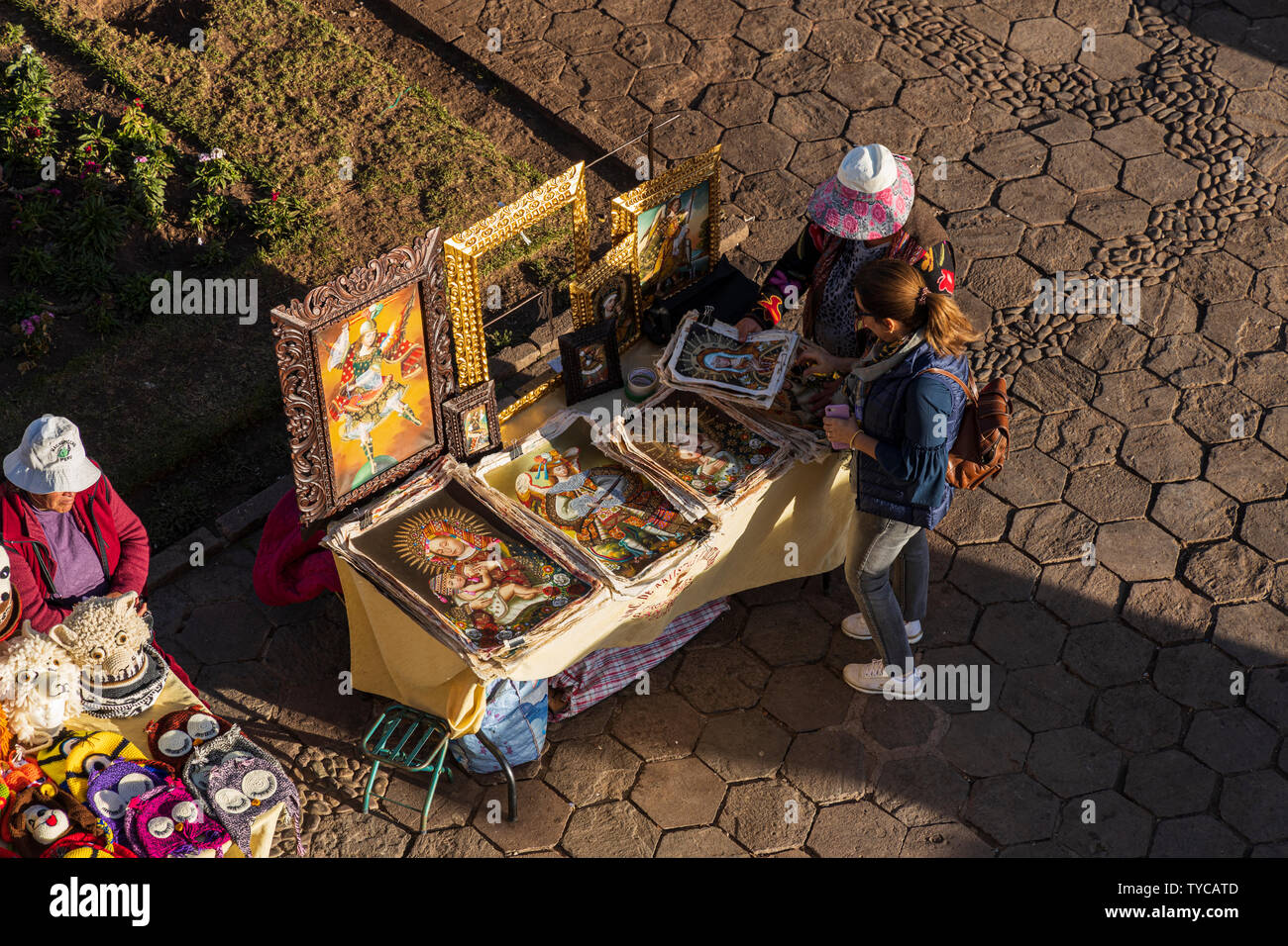 Vista aerea di bancarelle, fornitori di San Blas, Cusco, Perù, Sud America Foto Stock