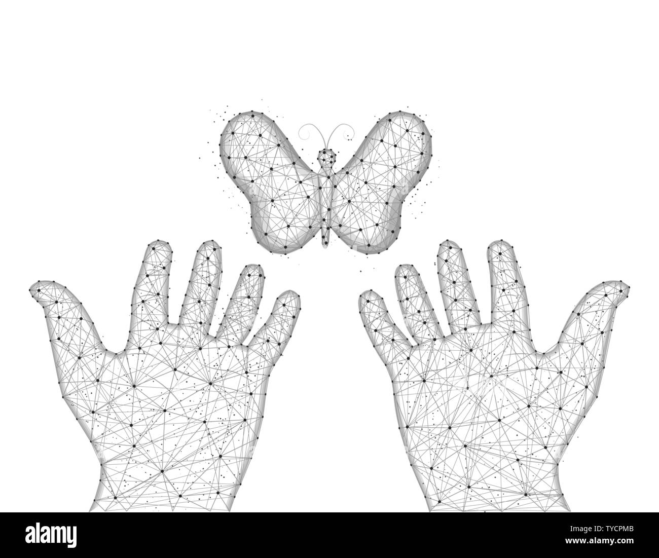 La farfalla e la mano umana bassa poli design, falene stile poligonale, Entomologia wire frame illustrazione vettoriale su sfondo bianco Illustrazione Vettoriale