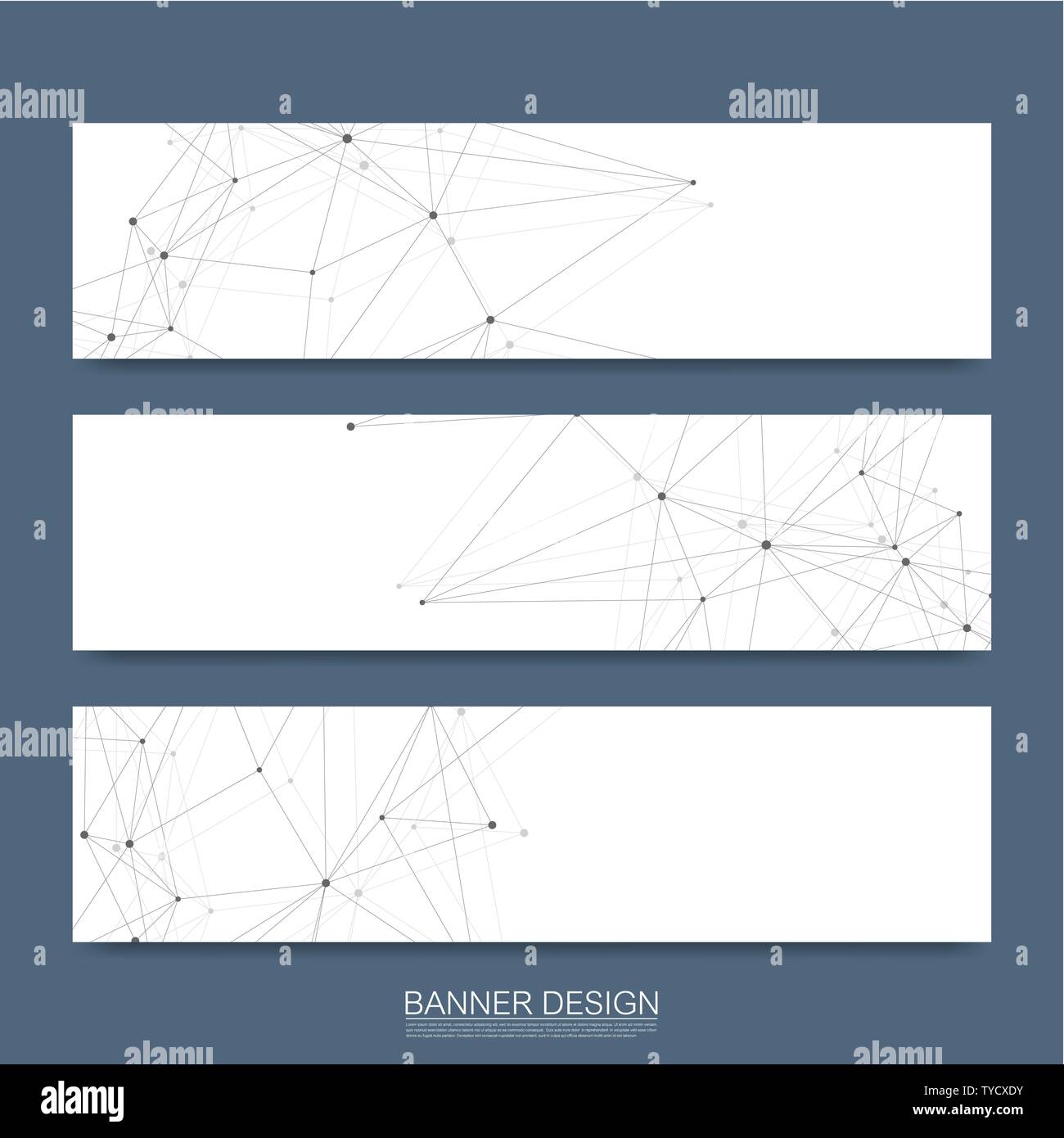 Le molecole di astratta banner impostato con linee, punti, cerchi, poligoni. Il design del vettore di comunicazione di rete sullo sfondo. Futuristico scienza digitale Illustrazione Vettoriale